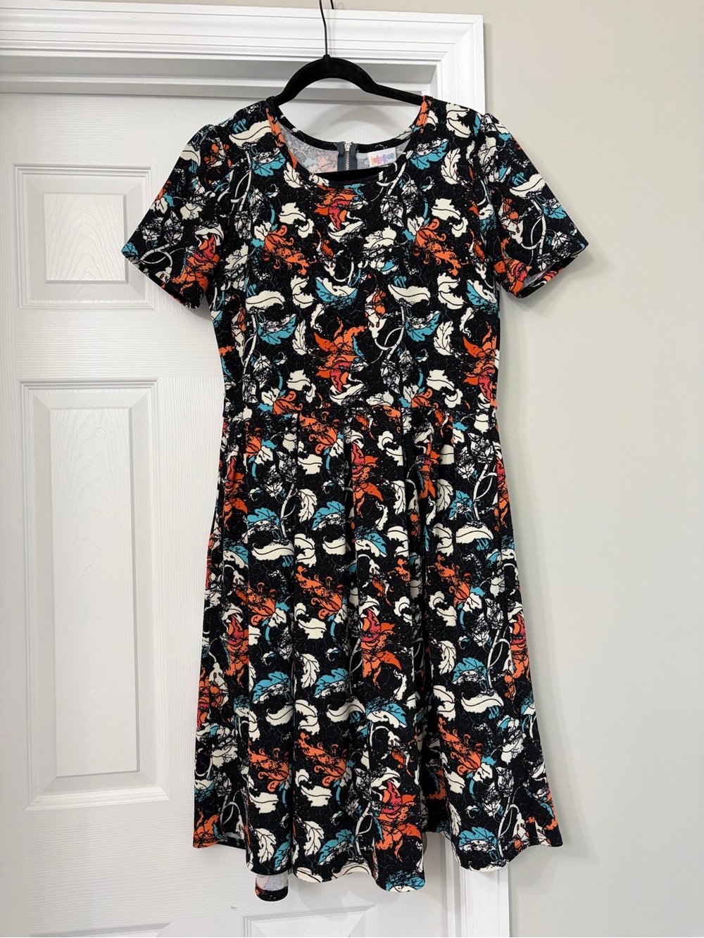 LuLaRoe Black Floral Fit & Flare Dress with Orange, Teal & Cream